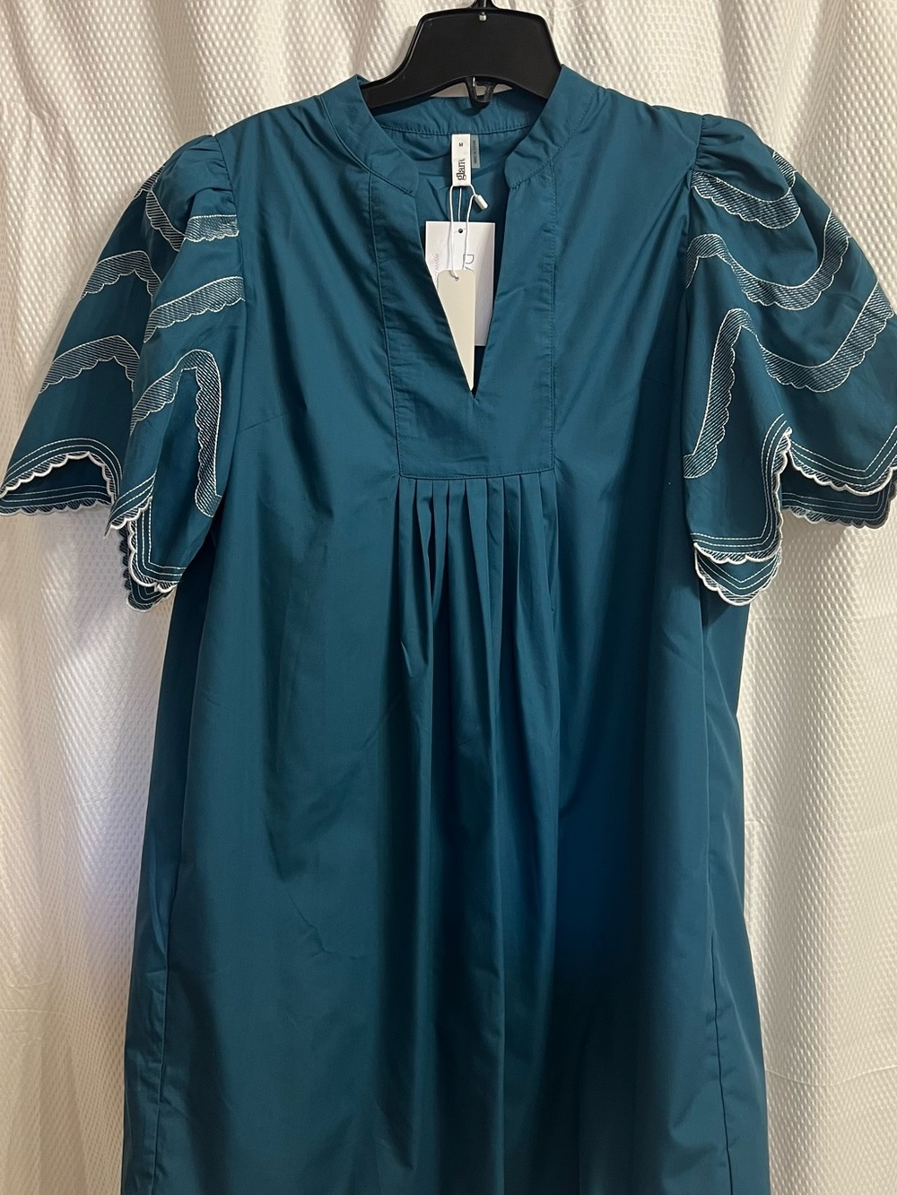 glam Teal Puff-Sleeve Midi Dress with Scallop Embroidery